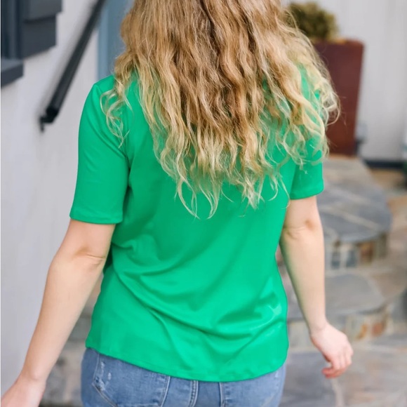 Women’s Asymmetrical Sequins Banded V-Neck Buttery Soft Green Top, short sleeve - Picture 8 of 8
